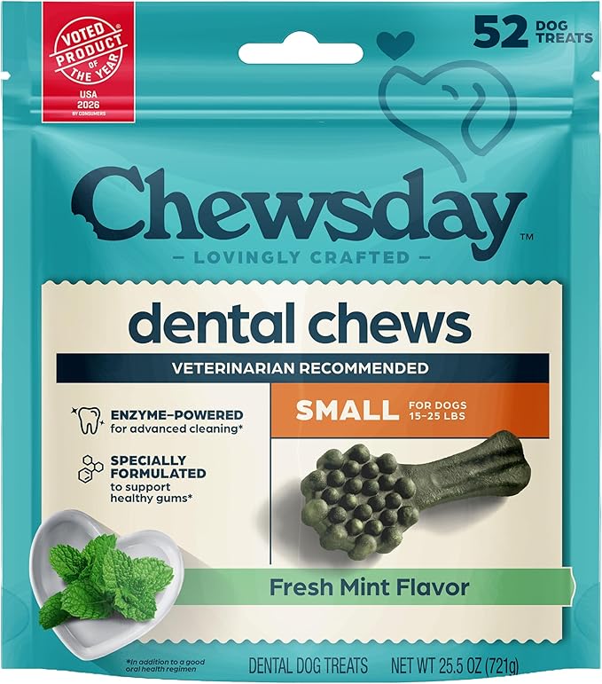 Chewsday Fresh Mint Flavor Dental Chews, Small Dog Treats, Healthier Teeth and Fresher Breath, Enzyme Powered for Advanced Cleaning, Made in the USA, 52 Count