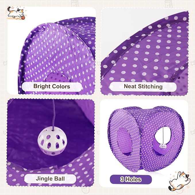 Andiker Cat Tent, 3 Holes Safe and Strong Cute Cats Tunnel Collapsible Easy to Carry Cat House for Indoor Cats Kittens Hiding Playing Training Sleeping (Square Purple)