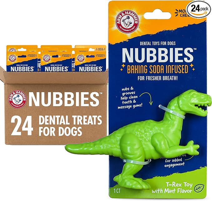 Arm & Hammer Nubbies Denta-Saurus T-Rex Dog Dental Chew Toy, Mint Flavor, for Moderate Chewers, Nylon, Reduces Plaque and Tartar Without Brushing, Baking Soda Infused - 24 Pack