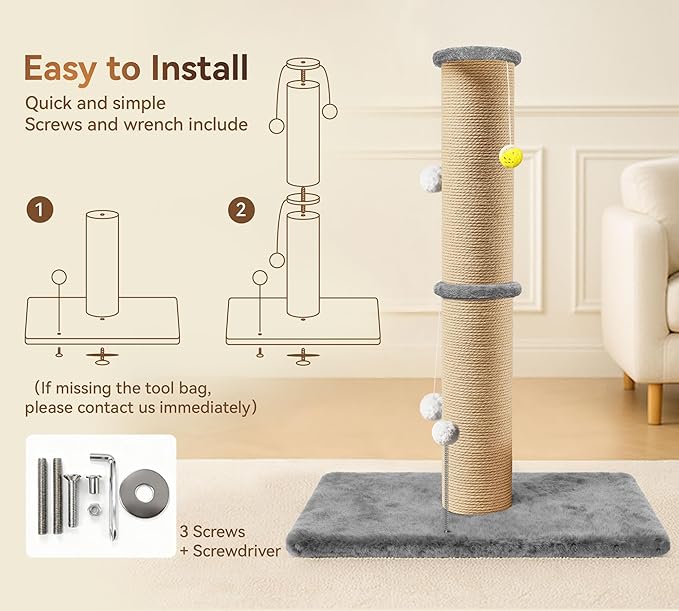5-Inch Thick Sisal Cat Scratching Post, 36" Tall Tower, Gray | Cat Scratch Tower with Top Platform, Extra-Stable 20.8×15.9" Base, Durable Cat Scratcher, For Indoor Cats