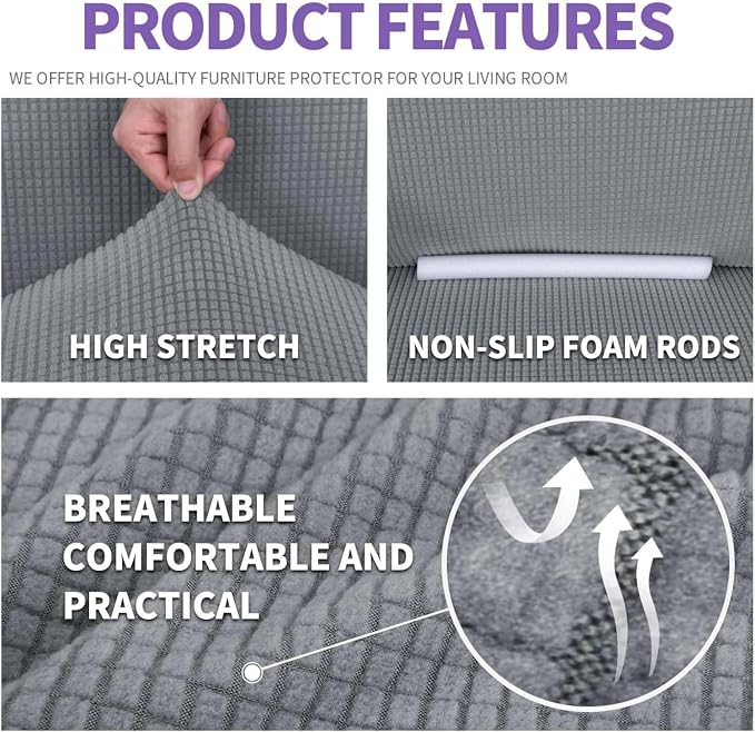 ZNSAYOTX Super Stretch Couch Cover (72"-92") Universal Sofa Covers with Elastic Bottom, Dog Cat Pets Friendly Washable Furniture Protector Fitted Sofa Slipcovers Stay in Place (Light Grey, Sofa)