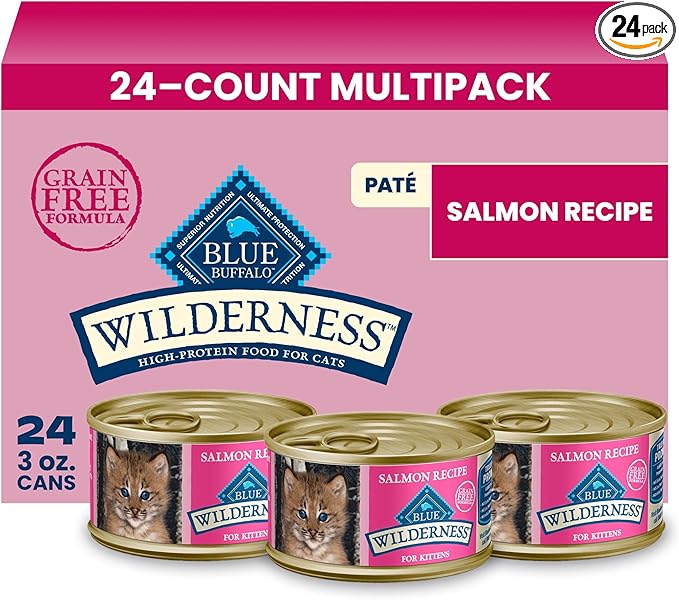 Blue Buffalo Wilderness Kitten Grain-Free Salmon Paté Wet Cat Food with DHA, High-Protein & Made with Natural Ingredients, Supports Healthy Growth & Development, 3-oz. Cans (24 Count)
