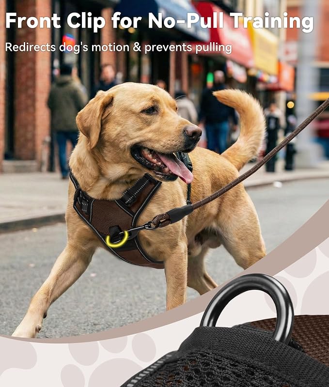 Joytale No Pull Dog Harness for Large Dogs, Reflective Pet Vest with Front Clip, Adjustable Soft Padded Harnesses with Easy Control Handle for Training and Walking, Brown, L