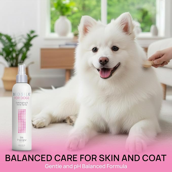 BioSilk for Dogs Silk Therapy Detangling and Shine Protecting Spray, pH Balanced Leave-In Mist with Silk and Vitamins for Dematting, Paraben-Free, All Coats and Breeds, 8 Fl Oz
