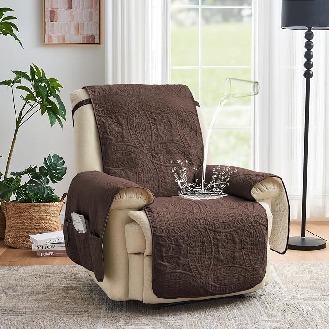 Quilted Recliner Chair Covers,Water-Repellent Recliner Slipcovers, Recliner Covers Stay in Place, Pet Friendly Recliner Cover for Dogs, Washable Chair Protector (Recliner 22", Chocolate)