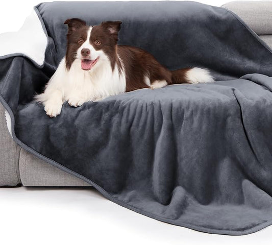 gogobunny Waterproof Bed Blanket, Reversible Sherpa Fleece Throw Blanket for Dog Puppy Cat, Furniture Cover Protects Bed Couch Sofa from Liquid Pee and Pet Fur (Dark Grey, 90x90 inches)