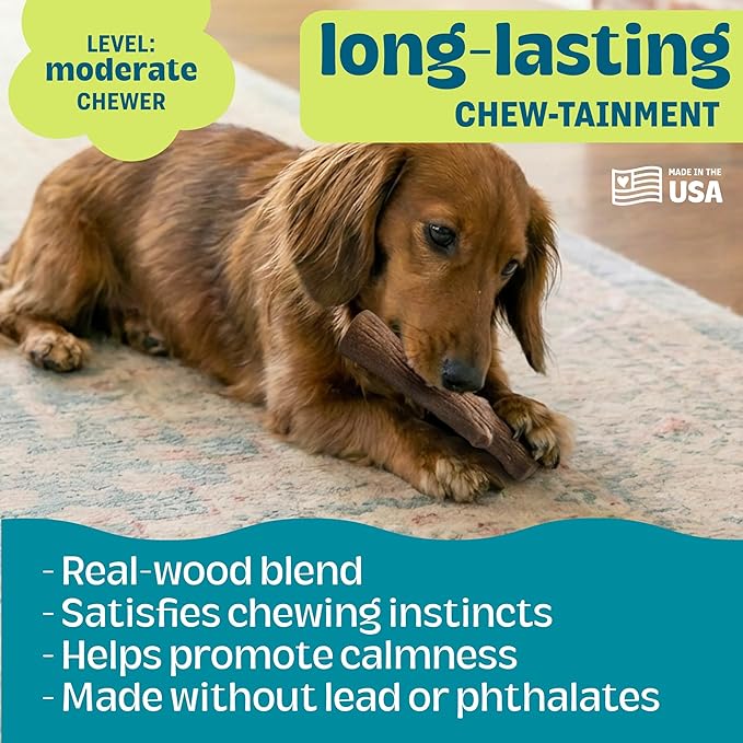Pupstages Dogwood Dog Chew Toy, Made in the USA – Real-Wood Blend, Natural Flavor & Texture, Moderate Chewers, Small, 5.4"