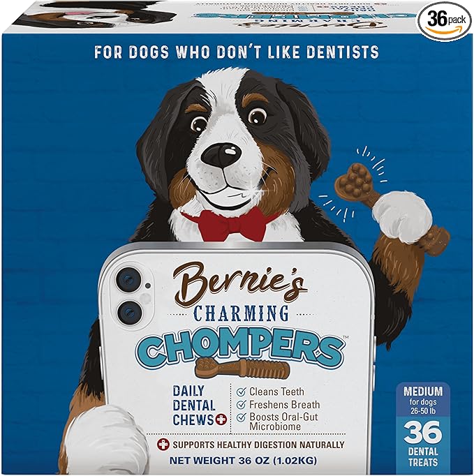 Bernie's Charming Chompers - Daily Dental Chews for Dogs 26-50 Lbs. - 36 Count - Cleans Teeth, Freshens Breath, + Boosts Oral-Gut Microbiome. Easy to Digest, Supports Healthy Digestion Naturally