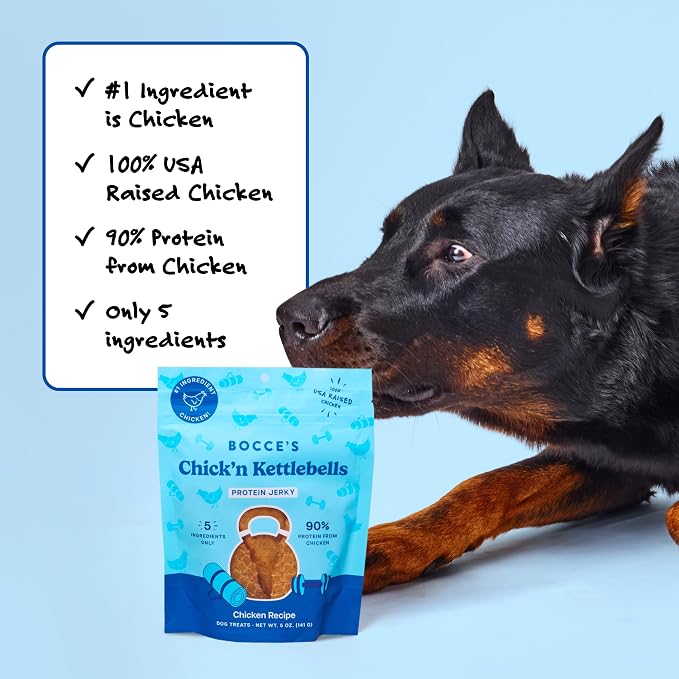 Bocce's Bakery Chick’n Kettlebells Chicken Jerky Protein Cuts Dog Treats – Natural & High-Protein, Wheat-Free, Made with Real Ingredients – Baked in The USA with No Added Salt or Sugar, 5oz