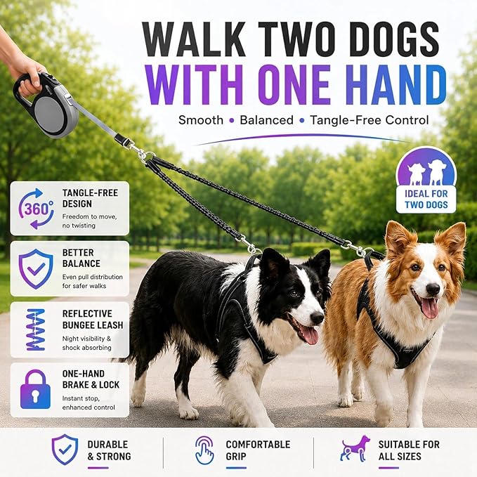 Double Retractable Dog Leash for Two Dogs Up to 50 lbs - 16 ft Coupler Leashes for Small Medium Dogs - One Locked System, Non Slip Grip, Tangle Free (Grey)