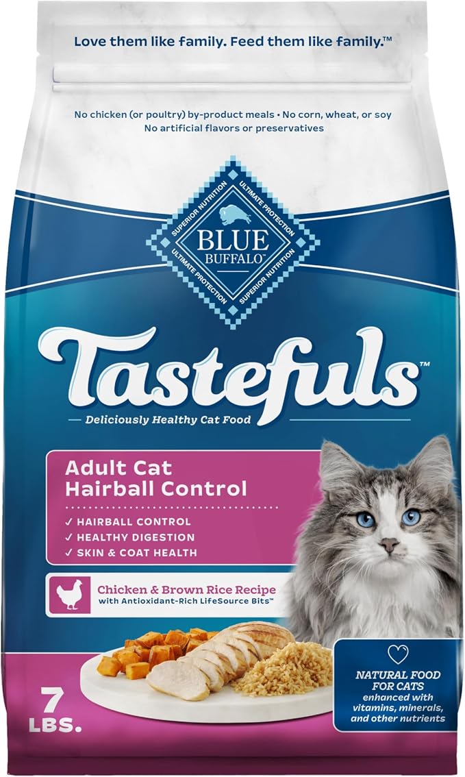 Blue Buffalo Tastefuls Chicken & Brown Rice Recipe Adult Dry Cat Food Hairball Control, Real Chicken First, Deliciously Healthy Natural Cat Food, Supports Digestive Care and Coat Health, 7 lbs.