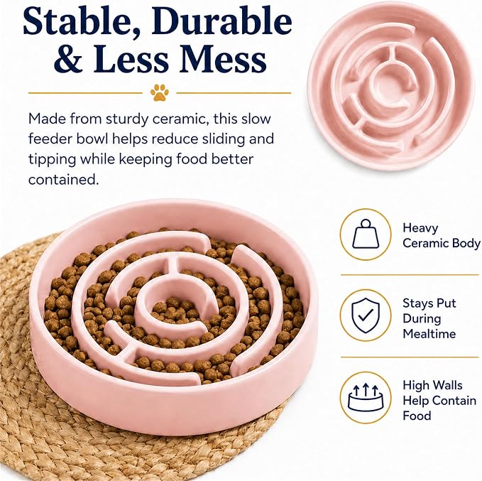 Ceramic Slow Feeder Dog Bowls with Anti-Slip, Slow Feeder & Non-Slip Design, Boredom and Anxiety Reducer, Suitable for All Breed Dogs and Cat (Ceramic-Pink)
