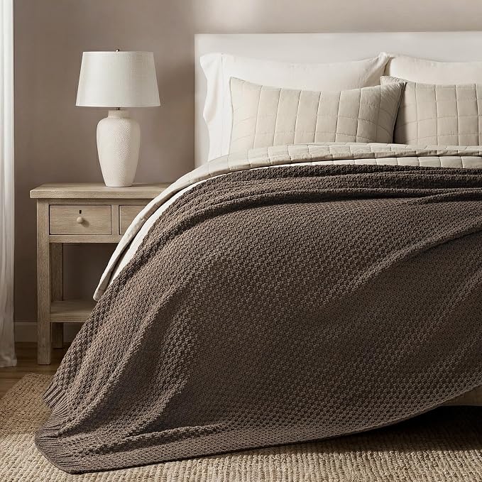 EVERGRACEHOME Chunky Polyester Knit Throw Blanket for Couch, Soft Luxurious Oversized King Moss Stitch Blanket for Bed, Large Cozy Farmhouse Knitted Throw for Sofa, Cocoa Brown, 108" x 92"
