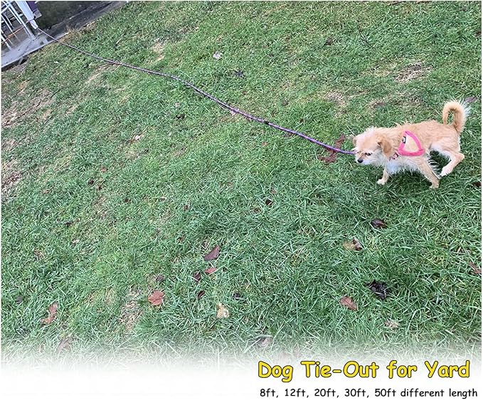 BTINESFUL 8ft 12ft 20ft 30ft 50ft 75ft Dog Tie Out Rope Leash, Long Tether Outdoor Yard Leash- Large Medium Dogs Training, Playing, Camping, Backyard Dog Lead (Pink Blue, 50 Foot)