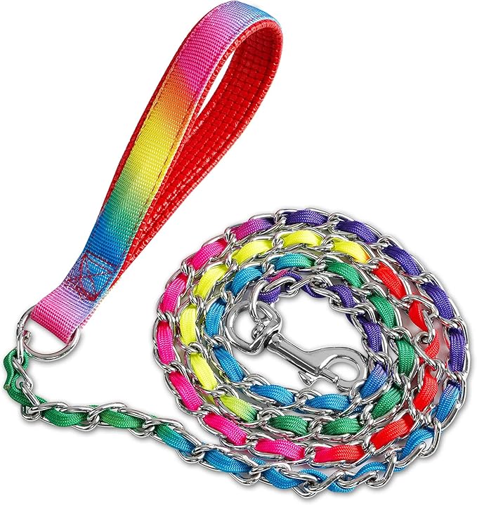Heavy Duty Metal Dog Chain Leash with Comfortable PU Leather Padded Handle, Chew Proof for Medium Large Pooch Walking Training (6FT 3.5mm Colorful)