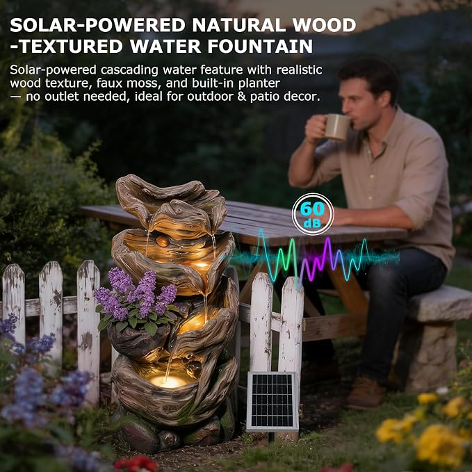 4-Tier Solar Water Fountain Outdoor Cascading Realistic Tree Trunk Waterfall Outdoor Fountains for Garden, Patio, Backyard, Deck, Porch, 25.2" H x 14.56" L x 10.24" W