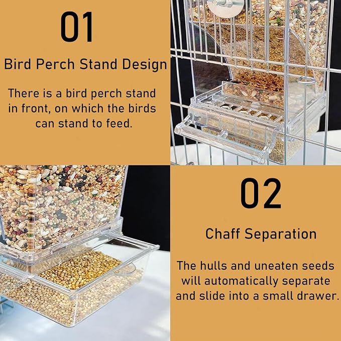 Automatic Bird Cage Feeder No Mess Parakeet Feeder Seed Food Container Feeding Station Cage Accessories for Small Birds Parrot Canary Lovebirds(Transparent)