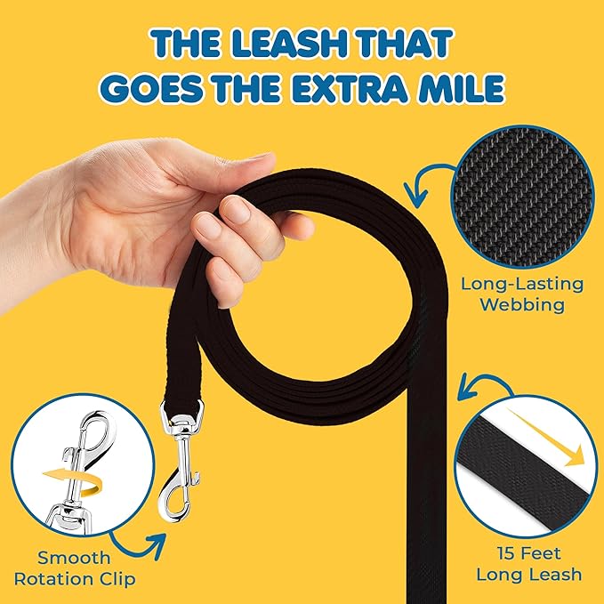 SunGrow Pet Training Leash, Heavy-Duty Polypropylene Walking Leash, 360-degree Swivel Hook, Dog/Puppy Obedience, Recall, Agility Lead, Leisure & Adventure Walking, Black, 15 feet x 0.8 inches