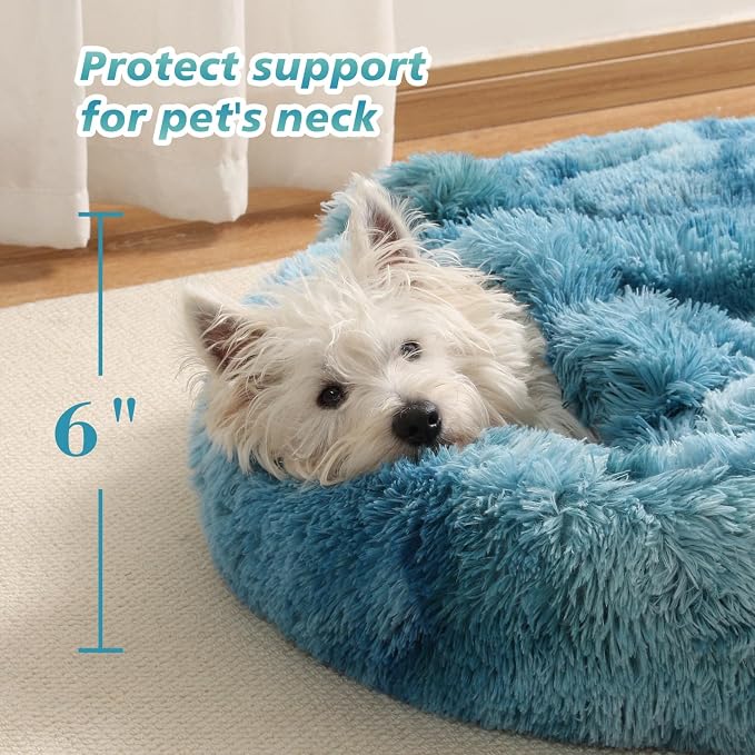 Calming Donut Dog Bed with Hooded Blanket – Plush Fluffy Cave Bed for Small & Medium Dogs, Machine Washable Anti-Anxiety Pet Bed for Cats
