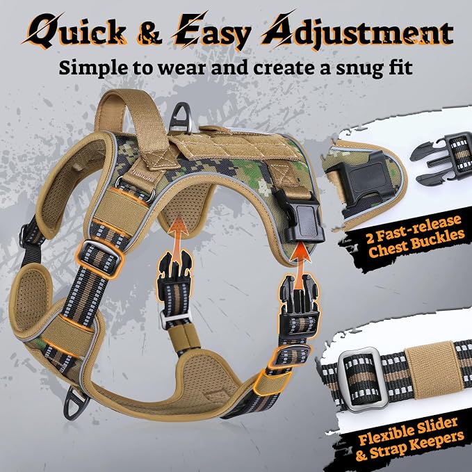 rabbitgoo Tactical Dog Harness for Large Dogs No Pull Adjustable Military Vest with Handle MOLLE Reflective Heavy Duty Dog Vest for Walking Training Hunting Outdoor Medium Size Dog Brown Camo L
