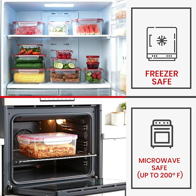 Utopia Kitchen Plastic Food Containers - Food Storage Containers with Airtight Lids - Reusable Lunch Boxes - Leak Proof (Red, Pack of 32)