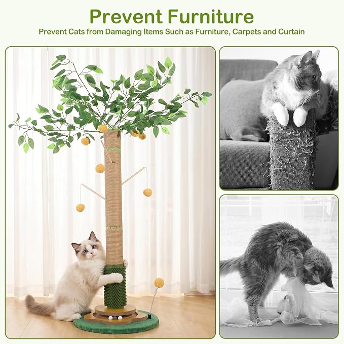 Tall Cat Scratching Post 51 Inch, Cat Scratching Post for Indoor Cats Adults, Sisal Cat Scratcher with Heavy Duty Stable Base & Hanging Toys & Self Grooming Brush for Kittens Medium Large Cats