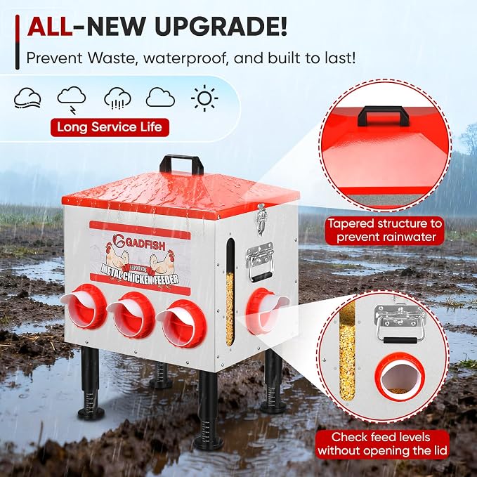 GADFISH 55 lbs Large Capacity Automatic Chicken Feeder - 8 Feeding Ports, No Waste Chicken Feeder, Height-Adjustable Legs & Secure Locking Lid for Chickens, Ducks & Poultry