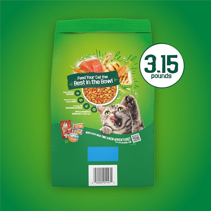Purina Friskies Dry Cat Food Indoor Delights Flavors of Chicken, Salmon, Peas, and Carrots - (Pack of 4) 3.15 lb. Bags