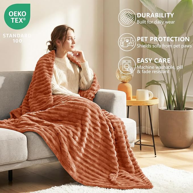 HIMEET Fleece Burnt Orange Throw Blanket for Bed - 300GSM Ribbed Soft Cozy Blanket for Couch, Graduation Birthday Gifts for Women Girls Her, College Dorm Essentials Aesthetic Room Throws, 50x60 Inches