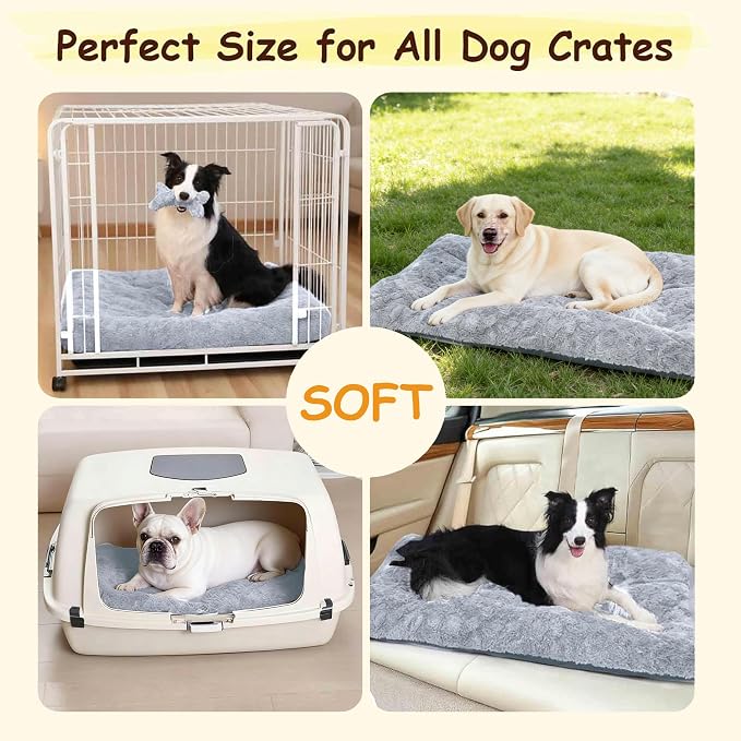 Washable Dog Bed for Small to Large Dogs, Calming Anti Anxiety Medium Dog Bed, Deluxe Plush Faux Fur Crate Beds, Comfy Fluffy Kennel Pad Pet Sleeping Mat with Non-Slip Bottom, 36"x27", Gray