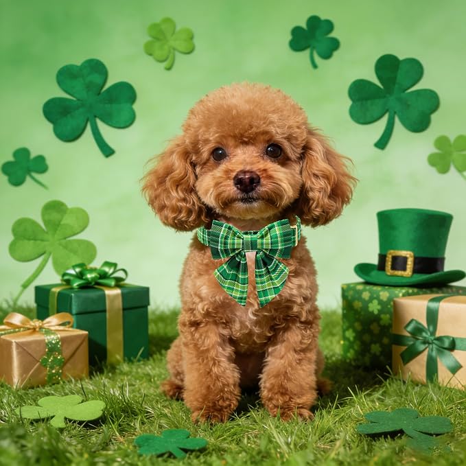 Maca Bates Irish Plaid Dog Collar with Sailor Bow Tie,Shamrock Green Gingham Pattern for Small Girl Boy Dogs,Adjustable Durable Soft Collars Gift for Male Female Puppy