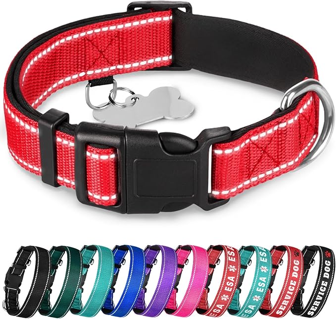 TECEUM Reflective Dog Collar – Red – S – Extra Soft Padding – Basic Nylon Pet Collar – Quick Release Buckle – Fits Small, Medium and Large Dogs, Puppies, Cats – ESA & Service Dog Options