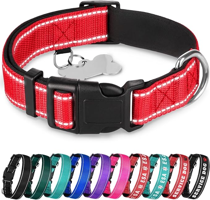 TECEUM Reflective Dog Collar – Red – M – Extra Soft Padding – Basic Nylon Pet Collar – Quick Release Buckle – Fits Small, Medium and Large Dogs, Puppies, Cats – ESA & Service Dog Options