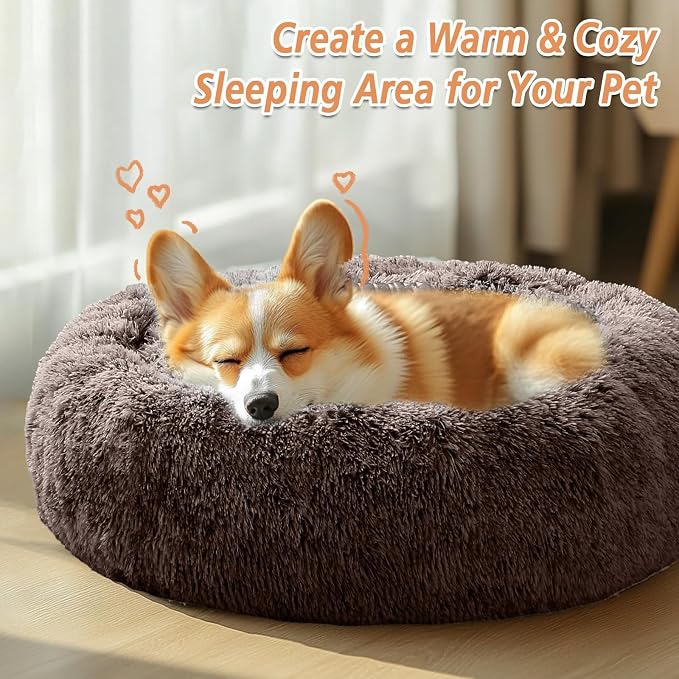 JOLLYVOGUE Calming Dog Bed Medium Size Dog, 31in Donut Washable Medium Pet Bed, Anti-Slip & Anti-Anxiety Fluffy Faux Fur Round Dogs Bed, Fits up to 45 lbs Pets (Chocolate)