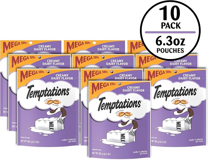 Temptations Cat Treats, Classic Crunchy and Soft Cat Treats, Creamy Dairy Flavor, 6.3 oz. Pouch (Pack of 10)