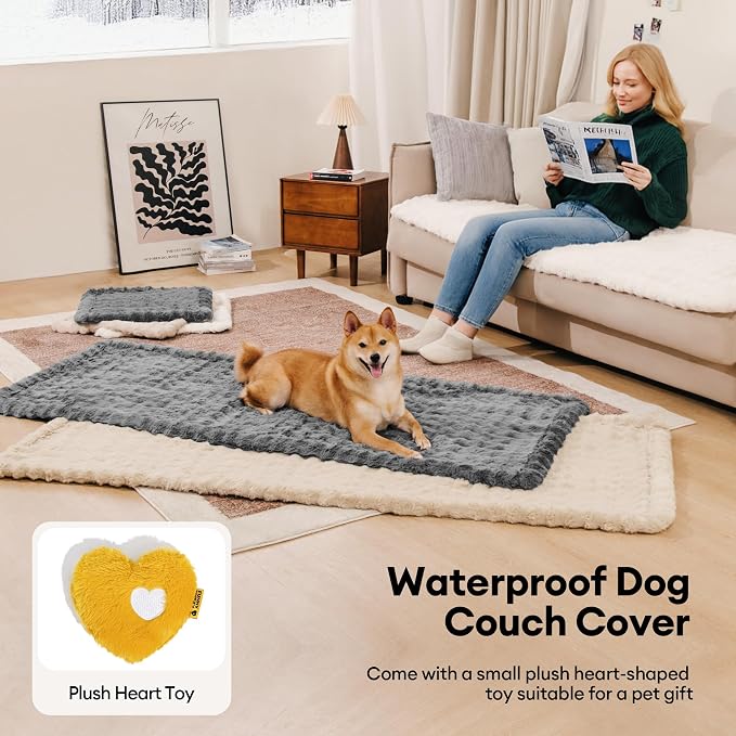 FUNNY FUZZY Pet Couch Cover for Sofa, Thick Waterproof Couch Cover for Dogs Washable, Water Resistant Pet Friendly Faux Fur Pad Soft Bed Mat Non Slip for Couches and Sofas, Grey, 27.6"×59.1"