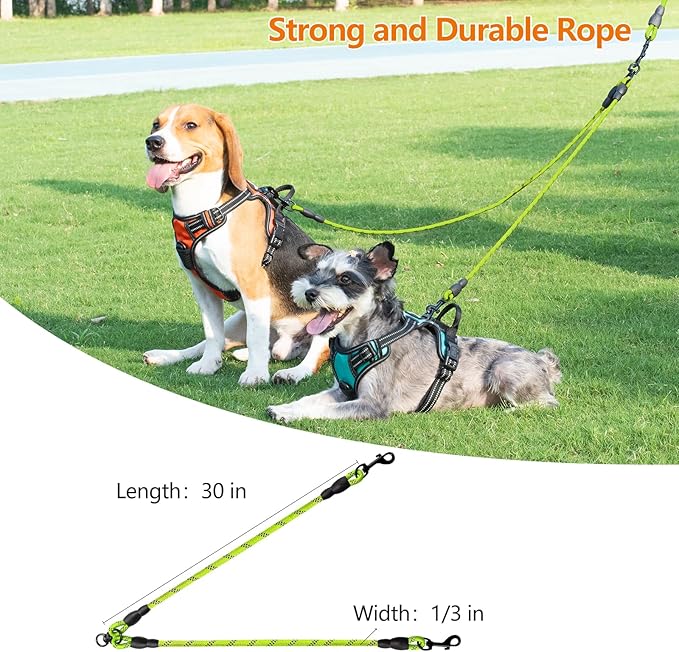 Taglory Double Dog Leash Coupler for Two Dogs, 1/3" Lightweight Dual Leash Extension for Small and Medium Dogs, No Tangle 360° Swivel, Reflective Rope, 30 Inch, Green