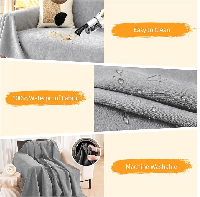 Warmstar Couch Protector from Cat Claws, Waterproof Couch Cover Anti Slip,Couch Cover 3 Cushion Sofa Washable,Anti-Scratch Pet Sofa Cover Heavy Duty,71"X91", Grey