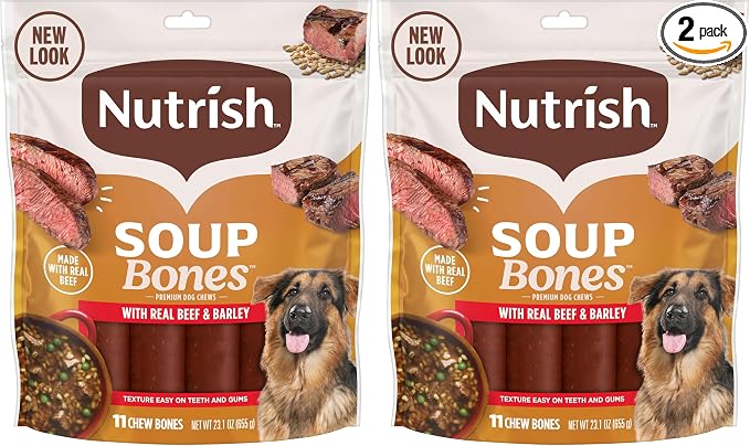 Nutrish Soup Bones Premium Dog Chews with Real Beef and Barley, 11 Chews, Packaging May Vary (Rachael Ray) (Pack of 2)