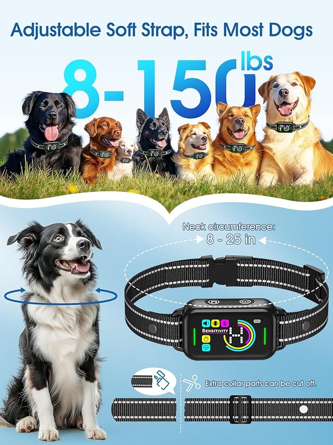 DINJOO Smart Bark Collar - Rechargeable Anti Barking Training Collar with 8 Adjustable Sensitivity, Beep & Shock (Dark Black) for Large, Medium & Small Dogs