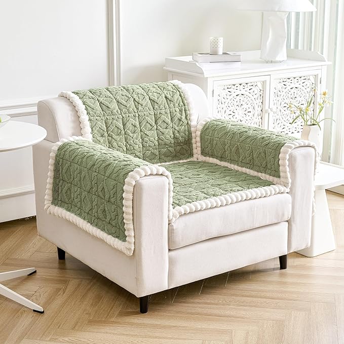 Fuzzy Couch Covers for Dogs, Non Slip Thick Dog Couch Cover Protector, Plush Pet Couch Covers for Sofa Washable, Soft Sofa Cushion Slipcovers Pet Friendly(1PC, Green, 27.6”x27.6”)