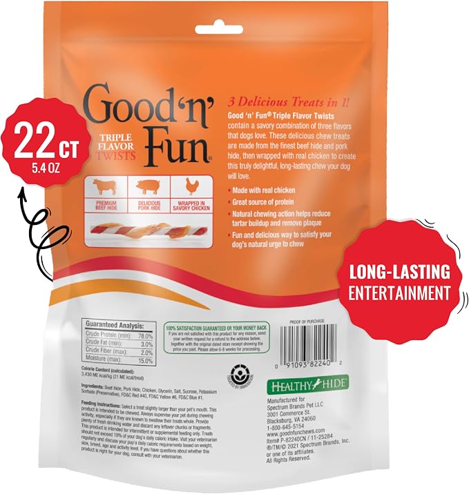 Good 'n' Fun Twists Long-Lasting Dog Treat, With Real Proteins, Beef Hide and Premium Chicken, Supports Dental Health, Mental Stimulation, 22 count