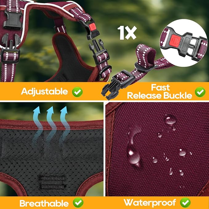 Timos Dog Harness Small Sized, No Pull Pet Harness with Neck Lockable Snap, No Choke Front Clip Reflective Vest, Adjustable Metal Rings 3 Buckles, Easy Control Handle for Small Dogs Burgundy S