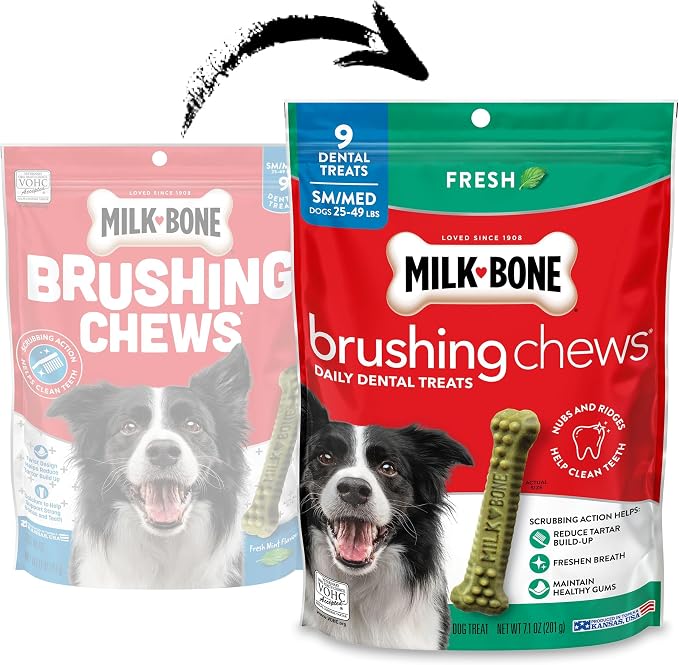 Milk-Bone Brushing Chews Original Chicken Flavor Daily Dental Dog Treats, Small/Medium, 7.1 Oz. Bag (Pack of 5) Dog Treats, Fresh Breath, Small/Medium, 7.1 Oz. Bags, 9 Bones Per Bag (Pack of 5)