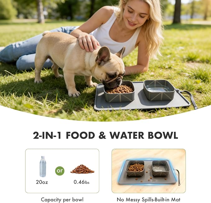 No Spill Collapsible Dog Bowls with Mat, 20oz 2-in-1 Roll-Up Silicone Pet Feeding Station, Portable BPA-Free Travel Dog Bowls for Car, Camping, and Outdoor Use