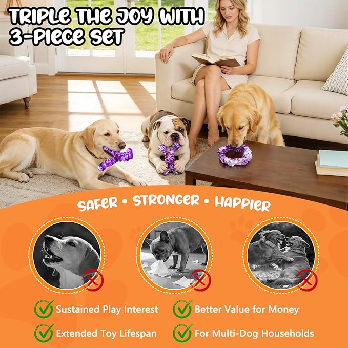 WOWBALA 3 Pack Dog Chew Toys for Aggressive Chewers,Indestructible Dog Toy for Medium Large Dogs, Chew Toys to Keep Dogs Busy,Super Chewer with Tough Nylon, Reduce Boredom & Anxiety（Bacon Flavored）