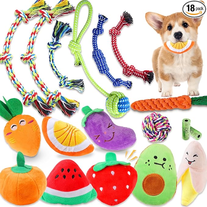 MRSOHRET 18 Pack Dog Toys Puppy Teething Toys, Puppy Essentials Chew Toy Bundle with Squeaky Toy and Interactive Rope for Small Dogs to Keep Them Busy