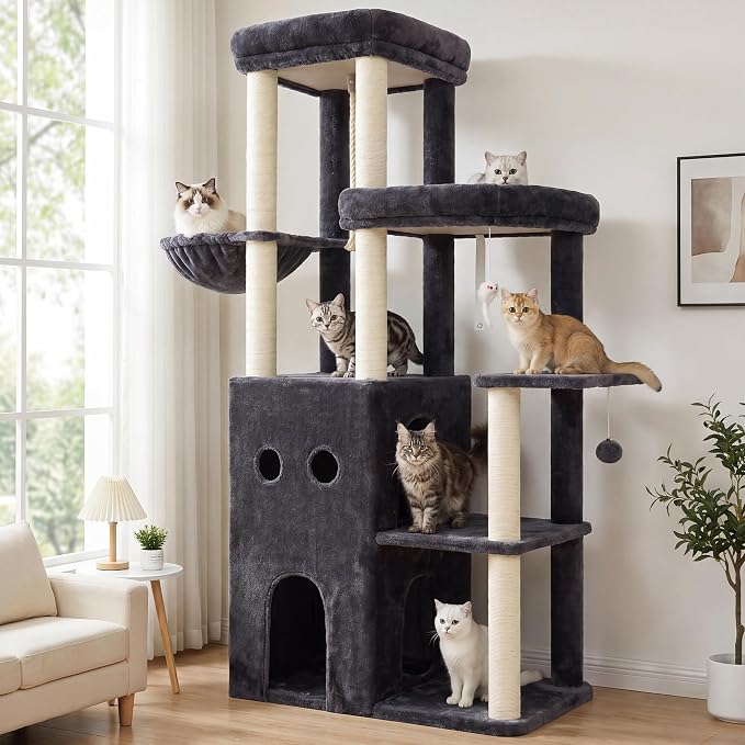 Heybly Cat Tree, 59.4" Secure Anti-Tip Cat Tower for Large Cats, Spacious Cat Furniture with Dual-Tier Cat Condo, 2 Top Perches, Hammock and Sisal Scratching Posts, Smoky Gray HCT055G