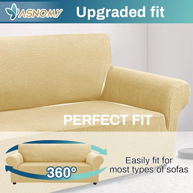 Asnomy Couch Covers for 3 Cushion Couch Stretch Sofa Covers Slipcovers, Pet Protector Furniture Covers for Dogs Cats Spandex Jacquard Fabric Small Checks （Large，Champagne）