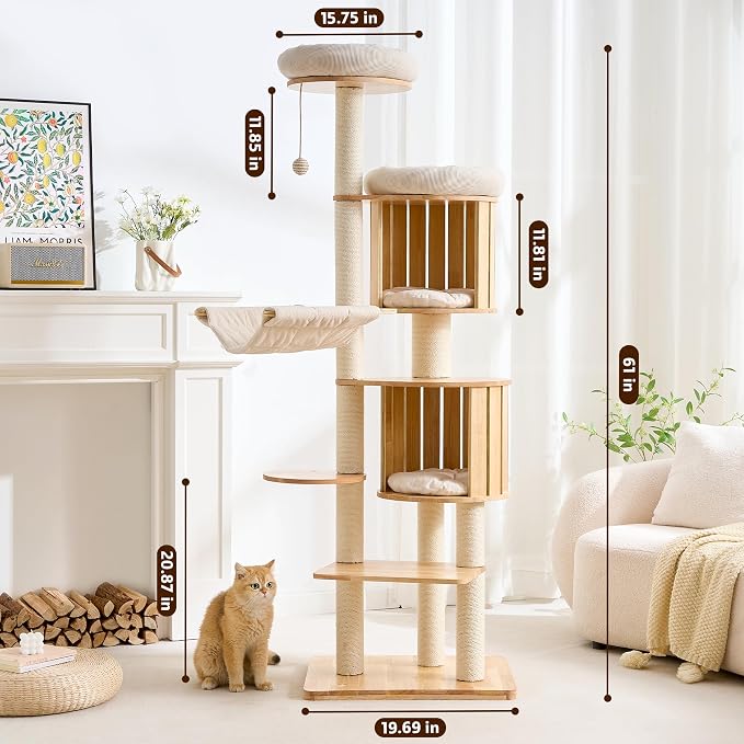 HITTITE Solid Wood Cat Tree Tower with Scratching Post, 70 Inches Tall Cat Towers with Hammock and Condo, Modern Cat Tower with Removable Top Bed for Indoor Cats.